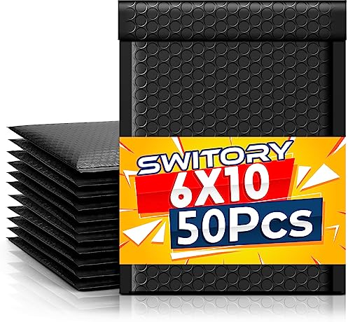 Switory 50 Stück A5 15,3 cm x 26,9cm Poly Bubble Mailer Gepolsterte Umschläge Bubble Lined Poly Mailer Selbstversiegelnde für die Verpackung Schwarz