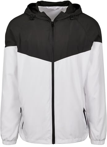 Build Your Brand Men's 2-Tone Tech Windrunner Windbreaker, White/Black, M