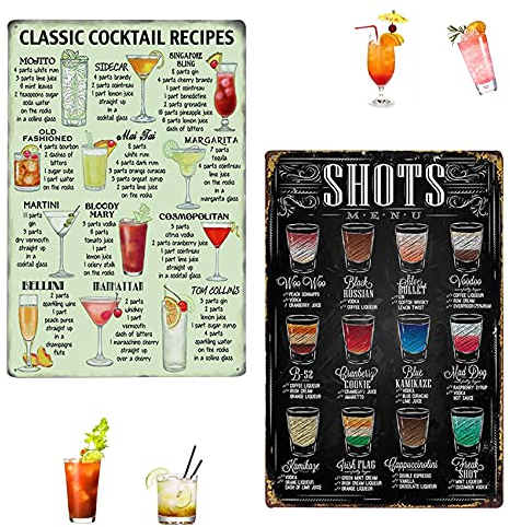 Abnaok Classic Cocktail Recipes Metal Sign 2PCS, Tin Plaque Vintage Style Metal Bar Signs 8 x 12 Cocktail Menu Sign Decoration for Home Cafe Pub Bar