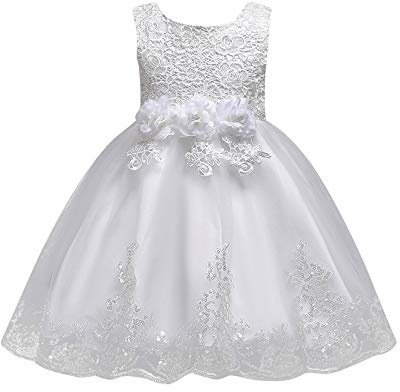 Routefuture Robe de Princesse Bébé Fille Fleur Broderie Bowknot Tulle Tutu Demoiselle d'honneur Mariage Communion Ceremonie Anniversaire Carnaval Robe de Bal de Soirée (Blanche,4-5 Ans)