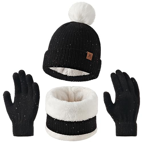 3 Piezas Conjunto Bufanda y Gorro y Guantes para Niños Niñas con Forro Polar Gruesa - Gorro Invierno Niños con Pompon,Cuello Bufanda y Guantes Invierno Niños para 5-10 Años (Negro,talla única)