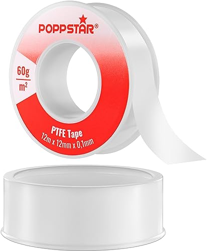 POPPSTAR Cinta de teflón DVGW 12m x 12mm x 0,1mm (cinta de sellado de PTFE de 60g/m², FRp para roscas finas, apta para agua potable), 1 rollo