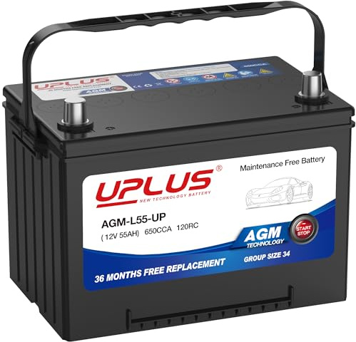 UPLUS BCI Group 34/24 Car Battery, AGM-L55-UP Maintenance Free 12V 55Ah Premium AGM Batteries Automotive Battery, 650CCA, 120RC