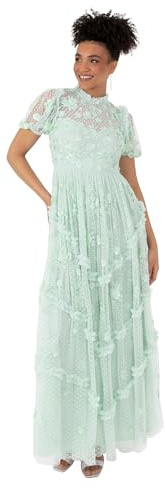 Maya Deluxe kvinnors maxiklänning dam hög hals puffärm paljett Embellished Ruffle Tyll Keyhole Back Empire A-linje Bridesmaid mintgrön 36, Mintgrön, 36