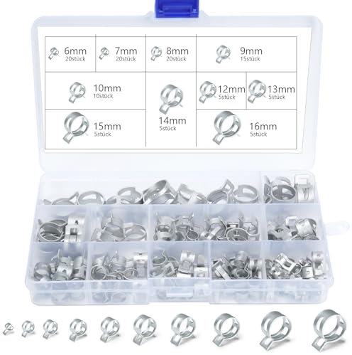 REJOECE 110 Piezas Abrazaderas De Manguera De Resorte, 6/7/8/9/10/12/13/14/15/16mm Línea De Combustible Manguera Clips, Clips De Manguera De Primavera, Pinzas De Resorte De Tubo Ajustables