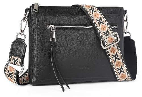befen Echtleder Umhängetasche Damen Mittelgroß, Crossbody Bag Leder Handytasche zum Umhängen, Moderne Kleine Handtasche Damen mit Verstellbar Breitem Gurt, Schwarz