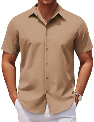 COOFANDY Kortärmad Skjorta för Män Skjorta för FöRetag Casual Skjortor Arbetsskjorta Sommarskjorta Button Down Kostymskjorta Andningsbara Skjortor Khaki S