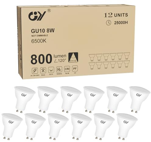 GY Lot de 12 Ampoules LED GU10, 8W équivalent 80W, 800 lumens, Blanc Froid 6500K, 120° Larges Faisceaux, Ampoule GU10 Led Non-Dimmable