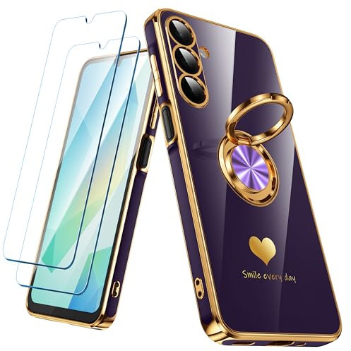 Nonional for Samsung Galaxy A16 5G/4G Case with 2 Pack Screen Protector, 360° Rotatable Ring Holder [Luxury Hearts Pattern] Plating Gold Edge Slim Soft Phone Cover Case for Galaxy A16 - Purple