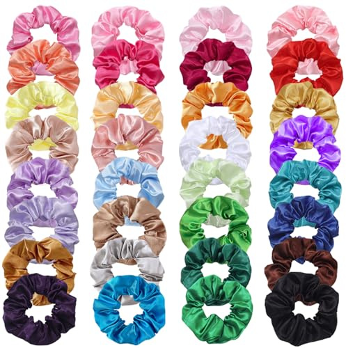 JSTHHTT 32 Pezzi Scrunchies per Capelli Seta, Elastico in Scrunchies, Scrunchies per Capelli in Raso, Scrunchies in raso professionale, Set Elastici Capelli Stoffa Raso per Donne Ragazze, 32 colori