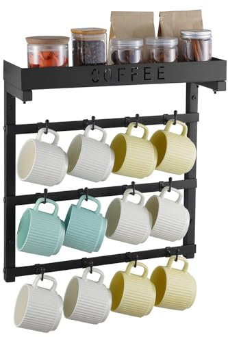 VEVOR Portabicchieri da Parete, 12 Ganci Mobili, Portatazze in Acciaio al Carbonio con Ripiano Superiore, Accessori per Bar e Organizzatore, Espositore per Tazze per Cucina Domestica, Nero Opaco