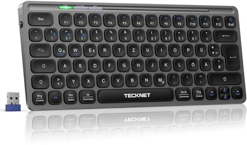 TECKNET Tastatur Kabellos, Wiederaufladbare Mini Bluetooth Tastaturen, Zwischen 3 Geräten wechseln(2.4G+2BT), Klein Keyboard QWERTZ, Kompatibel mit MacOS, iOS, Windows, Linux, Android