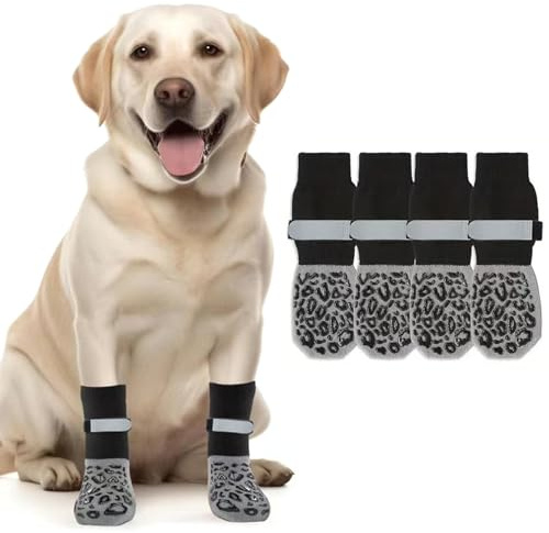 Comforso 2 Pairs Dog Socks with Grippers Stop Licking Paws,Anti Slip Dog Shoes with Adjustable Strap Rubber Bottom for Hardwood Floor,Pet Paw Protectors for Indoor Outdoor (Black (Leopard Print), L)