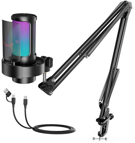 FIFINE USB Gaming Microphone Kit, PC Streaming Mic with RGB Lights, Mute, Gain Knob, Metal Boom Arm for Recording Podcast, Condenser Computer Microphone Set Compatible with PS4/PS5-AmpliGame A8T