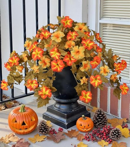 Laelfe Flores Artificiales para Otoño, Petunias Sintéticas de Otoño Resistentes a los UV Flores de Seda, Ramos de Flores Artificiales para Decoración Otoñal, Hogar, Jardín (2 Piezas)