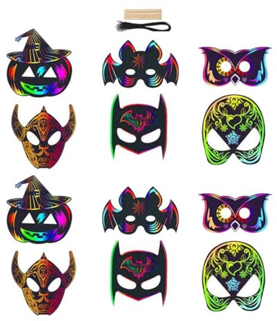 WUSJCOF 12 pièces, Set de grattage enfants avec rubans et stylo, images pour Halloween, magiques et colorées, cartes en papier à gratter bricolage, kit, fête de Toussaint, décoration