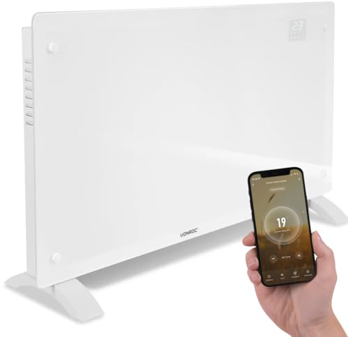 VONROC Smart elektrisk konvektor 2 500 W – glaspanel med LED-skärm – WiFi-styrning via Tuya Smart Life – termostat 5–50 °C – timer – IP24, vägg eller golv vit