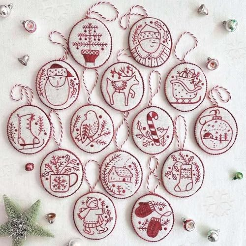 Zimocepuz Set di Ricamo Natalizio, 12 Pezzi Ornamenti Ricamati Rossi e Bianchi per Principianti, Gli Ornamenti Ricamati Possono Essere Appesi agli Alberi di Natale e Borse