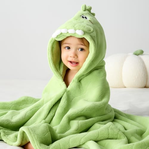 RecontraMago Toalla con Capucha de Dinosaurio Verde, Microfibra Suave y Absorbente, Manta de Baño para Bebés y Niños, Diseño de Animal, Baby Shower (Dinosaurio)