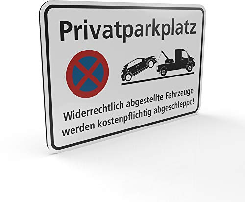 Betriebsausstattung24® Halteverbotsschild Privatparkplatz - Widerrechtlich abgestellte Fahrzeuge werden kostenpflichtig abgeschleppt! | Querformat 30,0 x 20,0 cm | 2mm | Aluminium Verbundplatte | Weiß