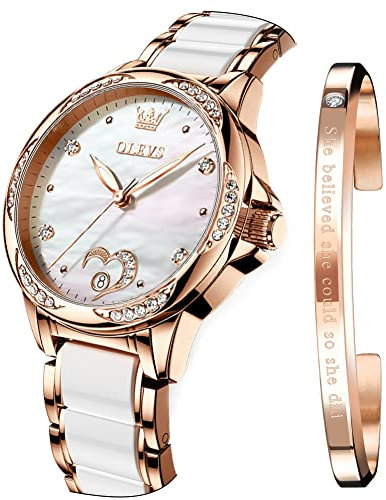 OLEVS Ladies Watches Automatic Elegant Mechanical Analogue Fashion Diamond Dress Date Ceramic Stainless Steel Strap Rose Gold Wrist Watch for Women