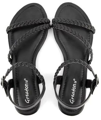 Greatonu Women's Flat Sandals Summer Braided Slip On Gladiator Sandals Open Toe Strappy Slingback Shoes Black Size 11