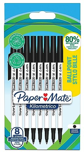 Paper Mate Kilometrico-kulspetspennor | Lång användningstid med mediumspets (1,0 mm) | Svart bläck | 80% återvunnen plast | 8 st.