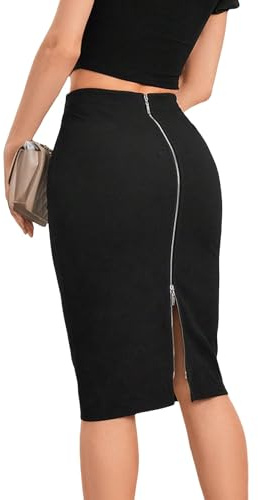 GORGLITTER Women's Full Length Back Zipper Pencil Skirt Slit High Waist Stretchy Knee Length Skirt Black Medium