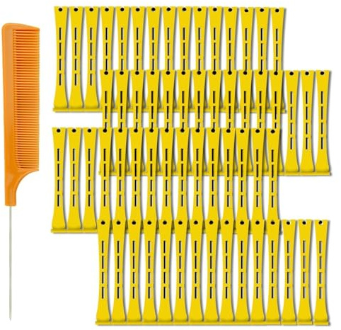 60 Pieces Hair Perm Pods Plastic Perming Rods Cold Wave Rods Curlers Hair Rollers with 1 Pieces Steel Pintail for Hairdressing Styling(Yellow, 0.7 cm/0.28 Inch)