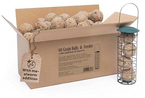 EST. 2018 LITTLE BIRDS CARE FOR NATURE Meisenknödel Ohne Netz mit Meisenknödelhalter und Insekten - Wildvogelfutter mit Meisenknödel Halter - 60 x Insektenknödel mit Vogelfutterspender 21x7 cm