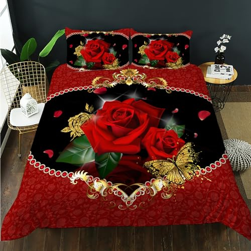 AILONEN Red Rose Duvet Cover Queen Size, 3D Oil Red Rose Bedding Set for Girls,Romantic Flower Comforter Cover,1 Quilt Cover 2 Pillowcases 3 Piece,Soft Microfibre