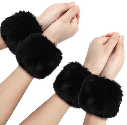 EUPSIIU 2 Pairs Faux Fur Wrist Cuffs, Women's Cuffs, Warmers Fuzzy Wrist Cuff, Fluffy Wristbands, Warmers Wrist Band, Cuffs Warmer, Fur Wristbands, Arm Warmer Sleeves for Women Girls Favors (Black)