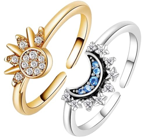 2 Pièces Bague Lune Soleil Kit, Bague Femme Réglable, Bague Anti Stress, Anneaux Ouvert Cadeau pour Femmes, Filles