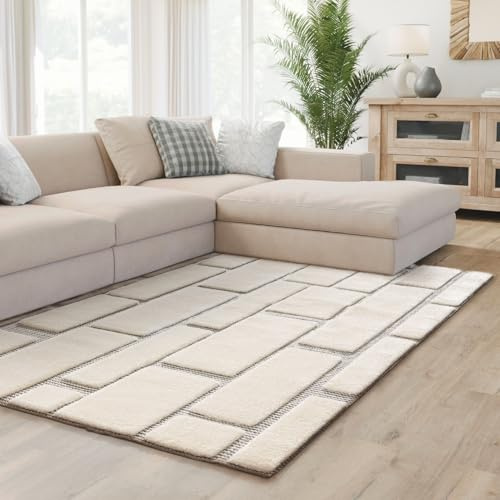 Interiyou Teppich Wohnzimmer Verona - 160x230 cm Creme/Grau - Für Schlafzimmer, Esszimmer, Kinderzimmer - Hochflor mit 3D-Effekt - geometrische Muster - Pflegeleicht