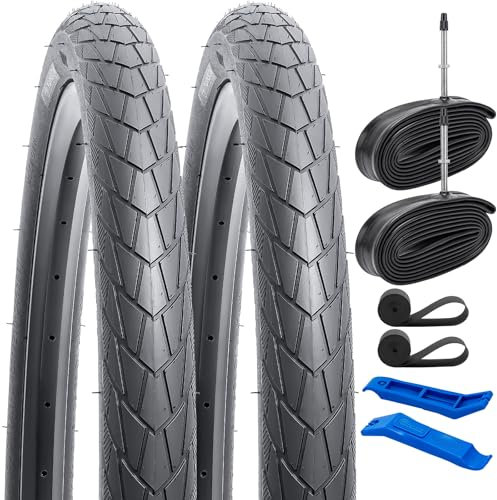 YunSCM 2-Pack 60TPI Nylon Pannensicher 28 Zoll Reifen 28x1.25 700x32C Mantel 32-622 und 2-Pack 700C Schlauch FV60mm Valve kompatibel 30-622 700x30C Fahrradreifen 700x32C Mit Reflektorstreifen