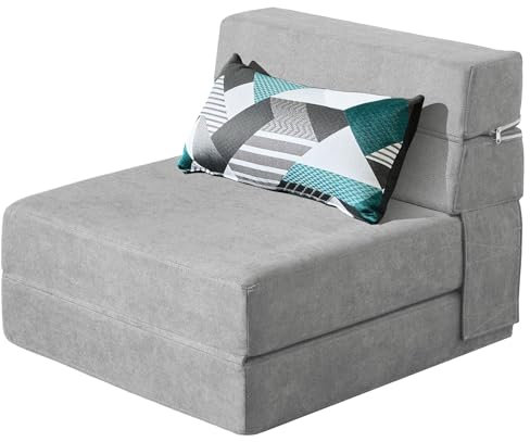 ANONER Folding Sofa Bed Couch Memory Foam Fold Out Chair Bed with Pillow, Single Size Convertible Sofa Bed Futon Sleeper Chair, Light Gray