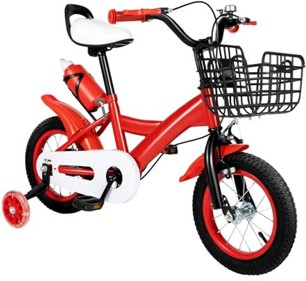 PansyWind 12 Zoll Kinderfahrrad mit Stützrädern & Carbonstahlrahmen Lernfahrrad mit Doppelbremse & Blinklichtern für Spielerisches Fahrradstraining 2-4 Jährig(Rot)