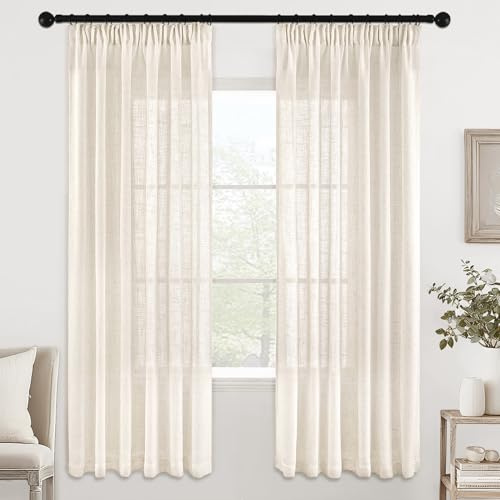 MIULEE Gardiner med rynkband, öglehalsduk, voilegardin, modern linnelook, halvtransparent för vardagsrum, sovrum, skjutgardiner, set om 2, transparent, naturlig linne, vit, 175x140 cm