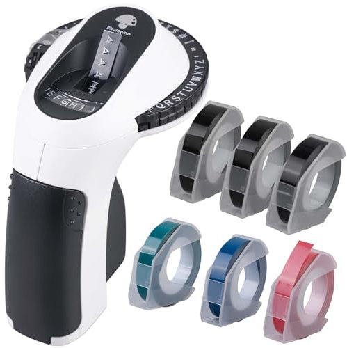 E975 Beschriftungsgerät, 3D Prägegerät E975, Tragbarer Etikettenprägegerät mit 6 Rollen Prägegerät Etiketten, DIY Etikettiergerät Handgerät, Etikettendrucker mit (£ € Ä Ö Ü) für Home Schule Küche