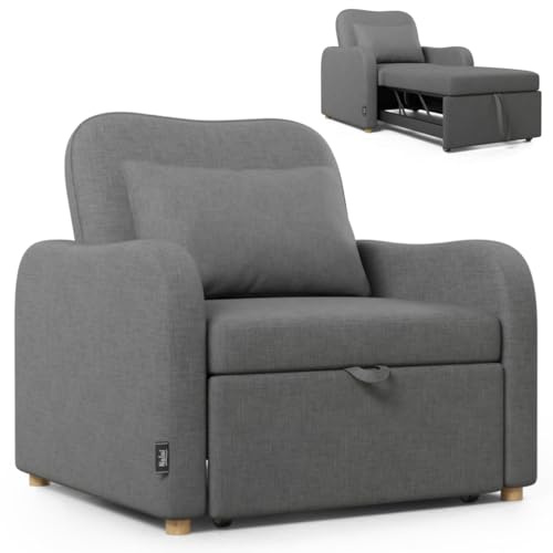 Nalui- Sillon Cama Buddy 92x97x90cm con Respaldo Ajustable 2 Posiciones y Almohada. Sofá Cama 1 Plaza 3 en 1 de Lino, Soporta hasta 200Kg. Sofá Cama Individual con Reposabrazos, Marengo