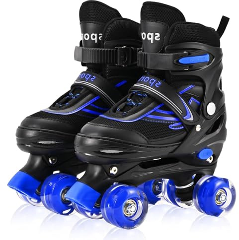 LOKJIJI Kids Roller Skates for Girls Boys Children Beginners, Adjustable 4 Sizes Quad Roller Skates for Kids and Youth with Light Up Wheels for Sports, Black & Blue (Medium - UK 1-4)
