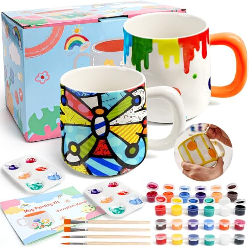Set di Pittura in Ceramica, 2 Tazze da Dipingere in Ceramica con 24 Colori Ceramici, 4 Pennelli e 2 Tavolozza, Kit di DIY Tazze per Dipingere, Kit per Personalizzare Tazze per Adulti e Bambini