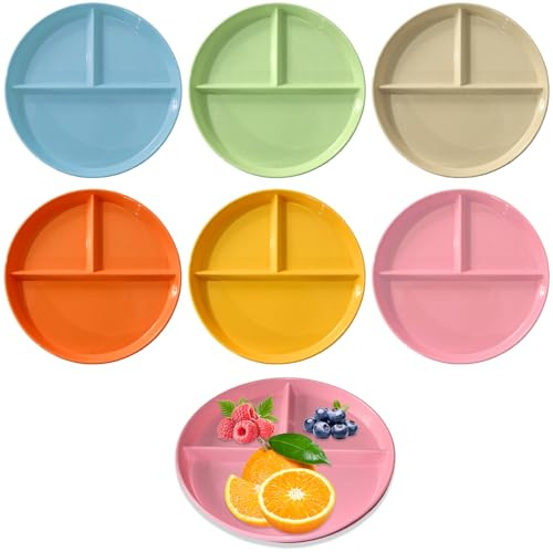 LXBCTOP 6 Stück Teller Mit Unterteilung, Kinder Teller Set Mit Unterteilung 3 FäChern, Kinderteller Mit Unterteilung, Plastikteller Kinder, 22.5cm Speiseteller Für Kinders und Erwachsene