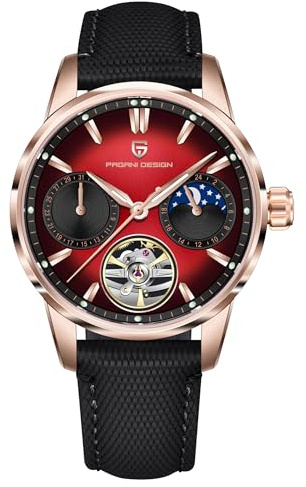 TYBERLEY Pagani Design Luxury Men's Automatic Watch Skeleton Tourbillon Moon Phase Stainless Steel 100m Waterproof Leather Strap Men's Mechanical Watch, Gold Red, Classic
