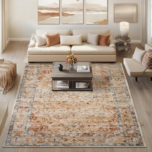 Topfinel Vintage matta 200 x 300 cm orange, orientalisk kort lugg boho matta, maskintvättbar, halkfri och mjuk, stor matta för vardagsrum, sovrum, matsal, kontor