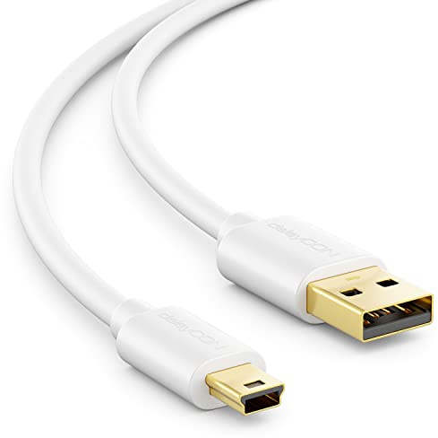 deleyCON 5m Cavo Mini USB 2.0 High Speed - Cavo di Ricarica e Dati per Telefoni, Smartphone, Tablet, Navigatori e Microfoni - USB‑A Maschio a Mini‑B Maschio - Bianco