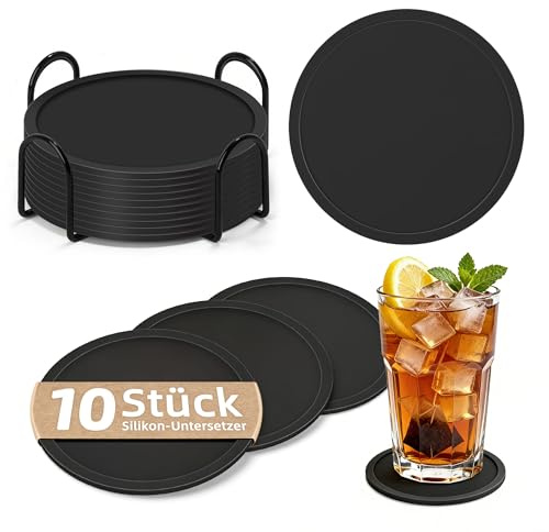 HELIMIAO Lot de 10 dessous de verre en silicone avec support, antidérapants, avec bord haut, pour protection contre les fuites, résistants à la chaleur, pour table basse, table à manger et bar, avec