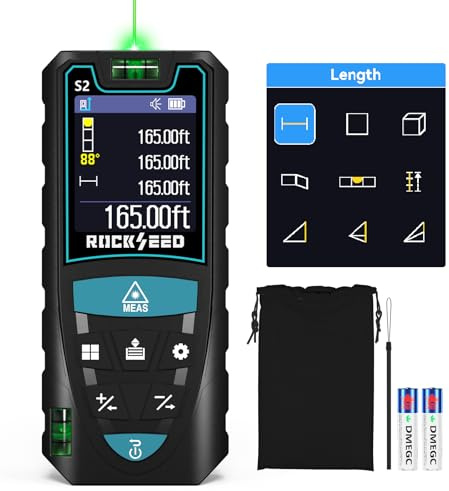 Medidor Láser Verde 50M,RockSeed Pantalla HD IPS Medidor de Distancia Láser Digital con Sensor de Ángulo Eléctrico,Telémetro Láser con 5 Unidades,Medición de Distancia/Área/Volumen/Pitagórico,etc.