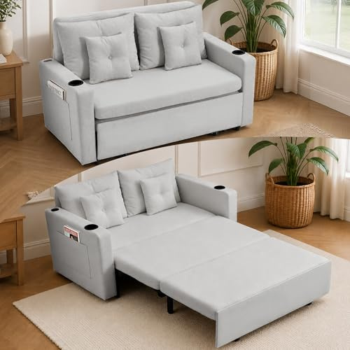 Sofa mit Schlaffunktion, 2-Sitzer Ausziehbares Schlafsofa mit Getränkehalter, USB-Anschluss & Seitentaschen, Metallrahmen , Kompaktes Schlafcouch für Wohnzimmer, Büro oder Gästezimmer (Hellgrau)