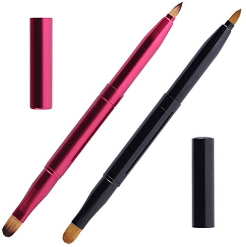mSure 2 Pcs Retractable Lip Brushes - Dual End Lipstick & Concealer Brush with Cap - Pink & Black - Natural Bristles - Polyester Handle